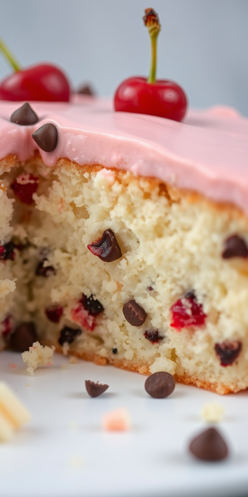 A close-up shot of a slice of cake with a light pink frosting and mixed with pieces of cherry and chocolate chips. The cake has a fluffy texture and looks moist, with some of it missing to show the soft interior. The background is softly blurred to emphasize the cake.