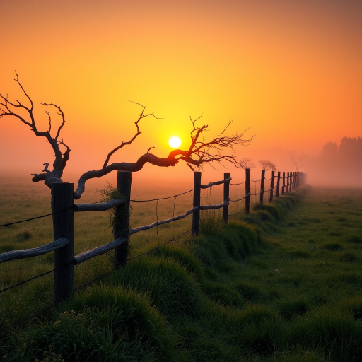 A serene countryside landscape at dawn, with a misty orange glow filling the air. The sun rises behind a large twisted and gnarled bare tree, casting a warm light over the scene. A rustic wooden fence, weathered and overgrown with vines and delicate wildflowers along the fence line, stretches into the distance, dividing a grassy field that fades into the fog. The grass is dew-kissed and shimmering, and there's a touch of mist rising from the ground. The sky gradually fades into darker shades as it reaches higher, enhancing the peaceful, dreamlike dark fantasy atmosphere