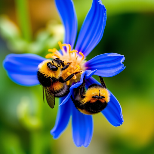 capture a high-resolution image of two bumblebees pollinating a vibrant blue flower, with a shallow depth of field, using a macro lens at f/2.8, ISO 200, 1/400s, natural light, slight overcast conditions for soft shadows, focusing on the texture of the flower and bees.