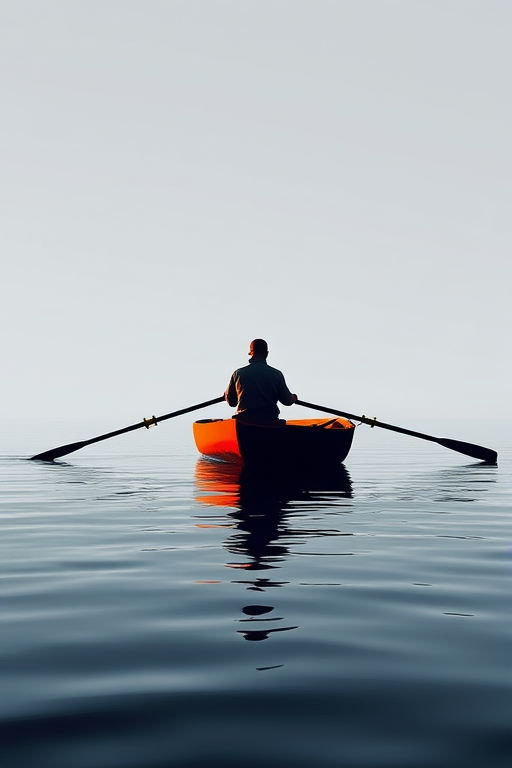 Create a high-contrast vector image of a person rowing a boat on water with a minimalist design, use a 50mm lens at f/4, shot from a low angle, with an HDR camera setting for enhanced details and clarity.