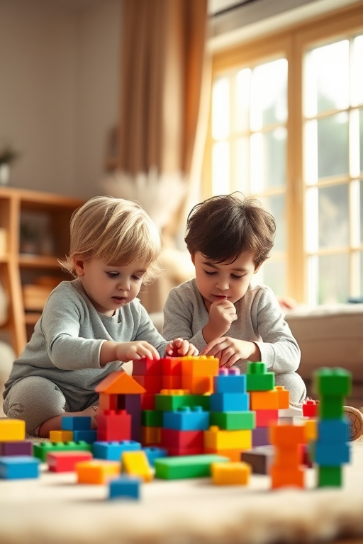 Three children playing with colorful building blocks in a cozy living room, natural light streaming through large windows, warm and inviting atmosphere, captured with a Canon EOS R5, 50mm lens, f/1.8, ISO 200, soft focus background for depth, vibrant colors, candid moment.