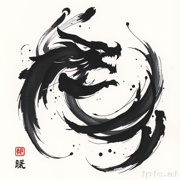 Brushstroke style tattoo, "Zen Calligraphy," featuring bold, expressive black ink strokes reminiscent of traditional East Asian calligraphy, creating an abstract representation of animals, nature, or symbols with a sense of movement and flow
