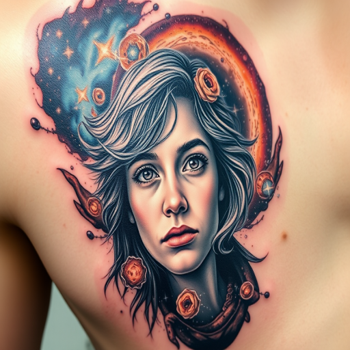 Photorealistic portrait tattoo featuring a loved one's face emerging from a swirling galaxy, incorporating elements of double exposure and surrealism for a breathtaking memorial piece