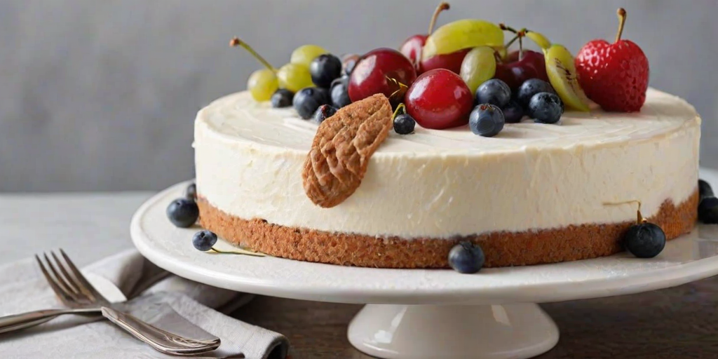 Create an image of a round cake with a smooth white frosting. The cake is decorated with a variety of fresh fruits including grapes, blueberries, and cherries. Add small edible flowers for decoration. The cake should have a simple, elegant design with a subtle swirl pattern on the top. Place a small label in the center of the cake that reads "Blank Cake". The setting should be minimalistic, with a neutral background.