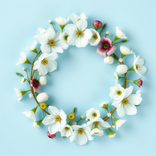 create a circular floral design featuring white flowers like snowdrops and hellebores on a solid blue background, shot with a DSLR camera at f/4.5, ISO 100, 50mm lens, top-down view, soft focus style for enhanced softness and clarity