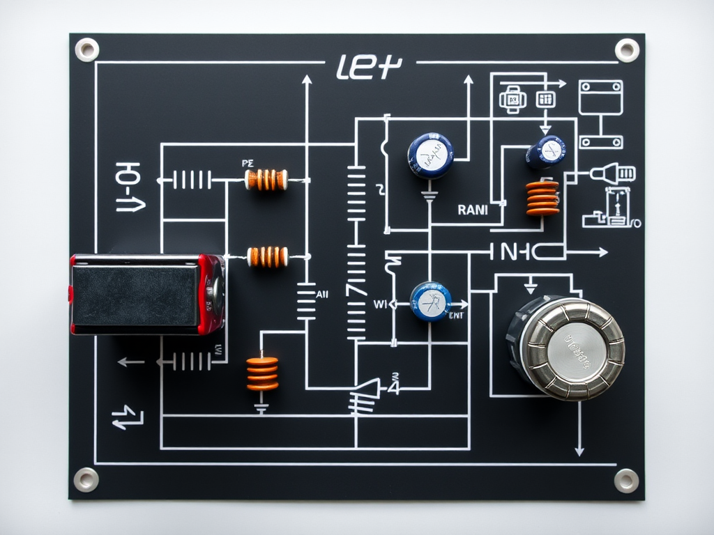 Create a high-resolution schematic diagram of an electric circuit featuring a battery, resistors, capacitors, and an inductor, captured using a DSLR camera with a f-stop of 8, ISO 200, shutter speed of 1/100s, in a top-down view for clarity and detail.