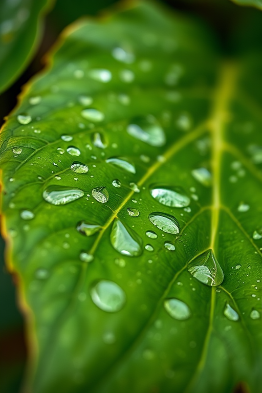 macro photograph of a large green leaf covered in water droplets, natural lighting, f/2.8 aperture, ISO 100, 1/200 sec shutter speed, 50mm lens, shallow depth of field, vibrant colors, high detail