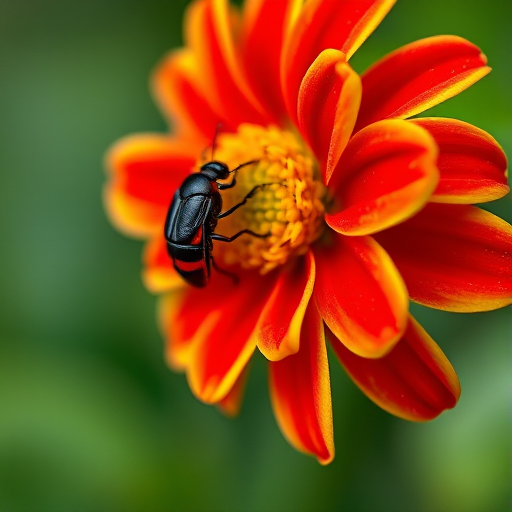 macro shot of a black and red bug perched on a vibrant red and yellow flower with a blurred green background, ISO 100, f/2.8, 1/200s, 85mm lens, natural light, DSLR camera, shallow depth of field