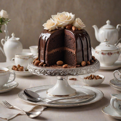 Create an image of a rich chocolate cake shaped like a dome, with a smooth surface and a glossy finish. The cake should have a slice cut out to reveal its moist, dense interior filled with chocolate chips and dried fruits. Top the cake with a delicate white rose made of fondant, and present it on an elegant silver plate alongside two fine china cups of tea. The background should be softly blurred to emphasize the cake.