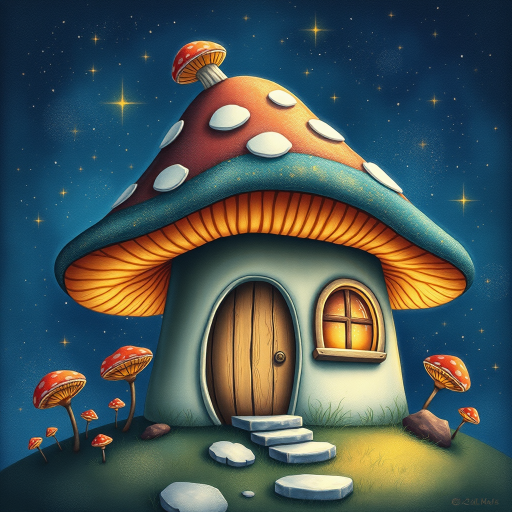imagine illustration of a mushroom house with a door and a window, a storybook , fantasy art, mushroom house, bg starry sky, sparkles