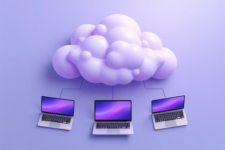 illustration of three laptops connected to a large cloud, incorporating sleek modern design, with soft purple hues for the cloud, high resolution, 50mm lens, ISO 100, f/2.8 aperture, top-down view, digital art style