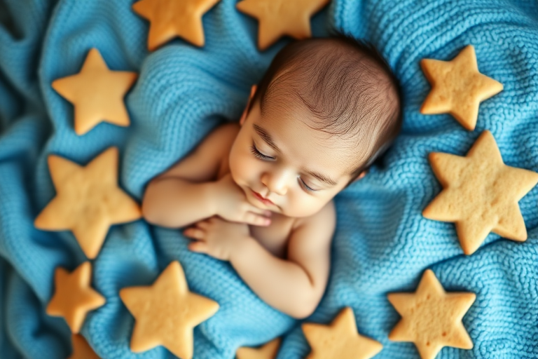 Photograph a sleeping baby on a soft blue blanket surrounded by star-shaped cookies, using a Canon EOS R5, 50mm f/1.8 lens, aperture f/2.8, shutter speed 1/200s, ISO 100, natural light, top-down perspective, shallow depth of field to enhance softness and details.