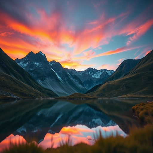 Create a high-resolution image of a serene mountain landscape during sunrise, with vibrant colors in the sky, a clear lake reflecting the mountains in the foreground, using a Canon EOS R5 camera, 24mm lens, aperture f/8, ISO 100, shutter speed 1/125s, taken from a low angle perspective with a slight foreground blur for depth.