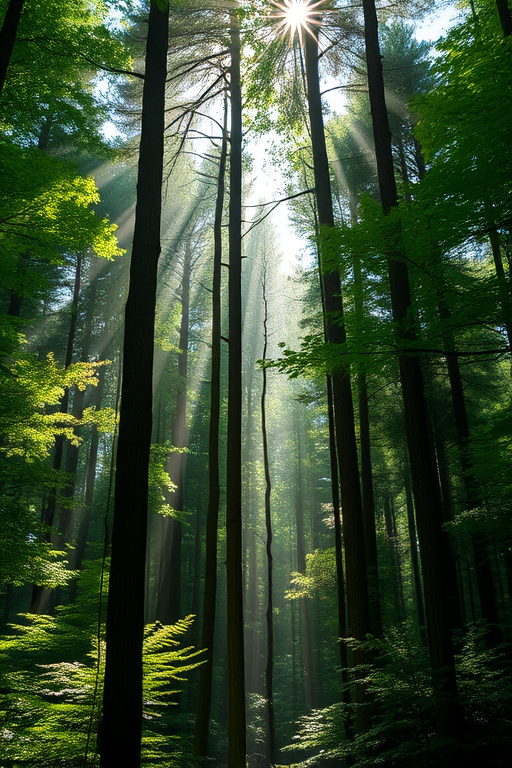 dense forest with sunlight streaming through the trees creating a mystical atmosphere, highlighting the green foliage and tall trunks