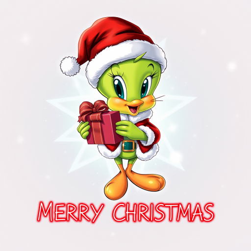 Merry Christmas” cosmic star art tweety bird wearing a Christmas hat and Santa jacket holding gift with a big bow tweety bird is extremely detailed and vibrant behind her is star cosmic design on white background that’s all Christmas colors red green white the words “MERRY CHRISTMAS” is written at the bottom in red electric font outline in black 3000dpi 32k