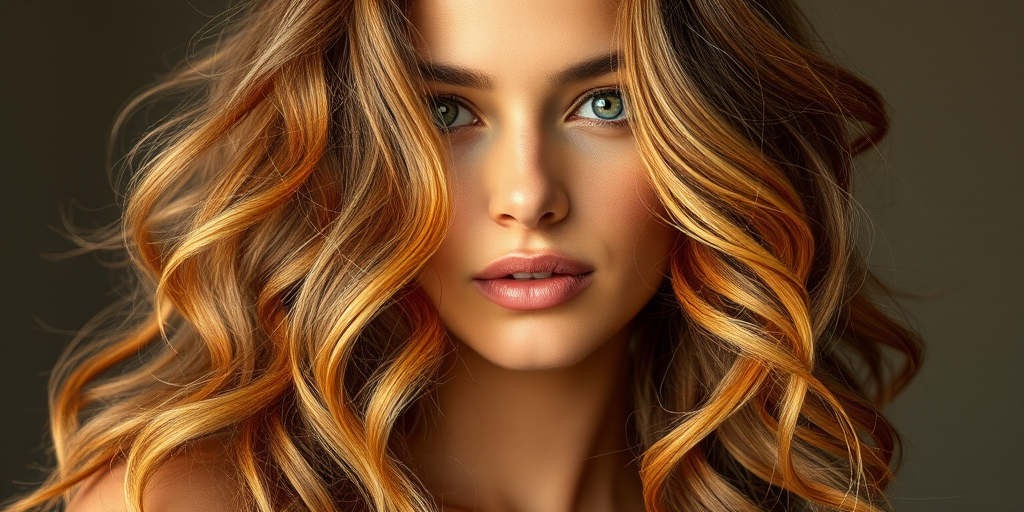 Earthy portrait highlighting Amber Honey waves, warm golden-brown tones blended seamlessly, styled in loose, natural curls with sun-kissed highlights