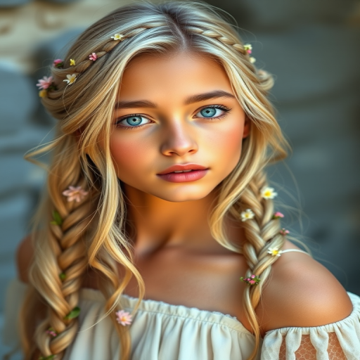 Create an image of a young Hispanic woman with long, wavy blonde hair, adorned with small, colorful flowers woven into her braids and loose strands. Her complexion is fair, with soft, glowing skin, and she has light blue eyes that gaze softly at the viewer. She wears a light, flowing dress with a gentle, ethereal quality, complementing her delicate and serene appearance. The background is slightly blurred, drawing focus to her tranquil expression and the intricate details of the flowers in her hair. The overall mood of the image is one of natural beauty and grace, evoking a sense of peacefulness and connection with nature.