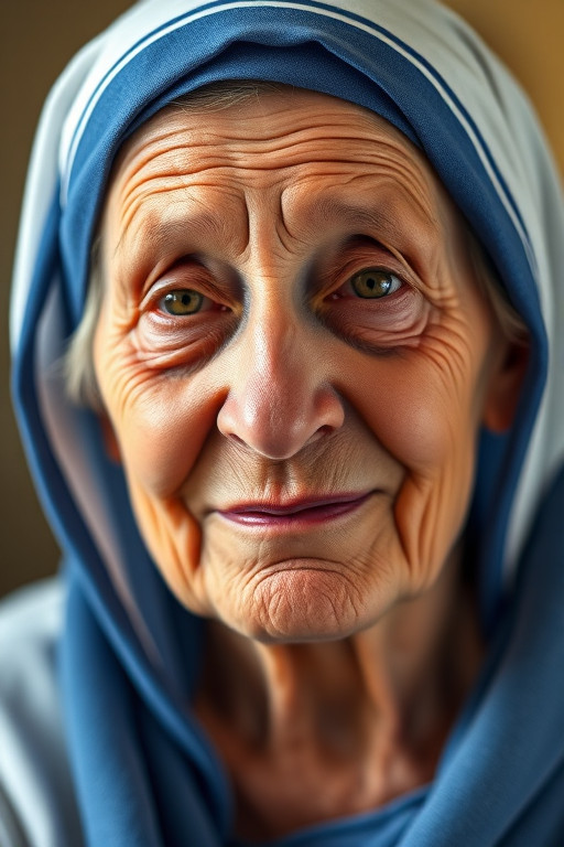 Generate a highly detailed portrait of a compassionate elderly woman wearing a blue and white habit, soft diffused lighting, focus on expressive facial features and wrinkles, camera settings: f/2.8, ISO 100, shutter speed 1/125, using a DSLR camera with a 85mm lens, front view, cinematic style.