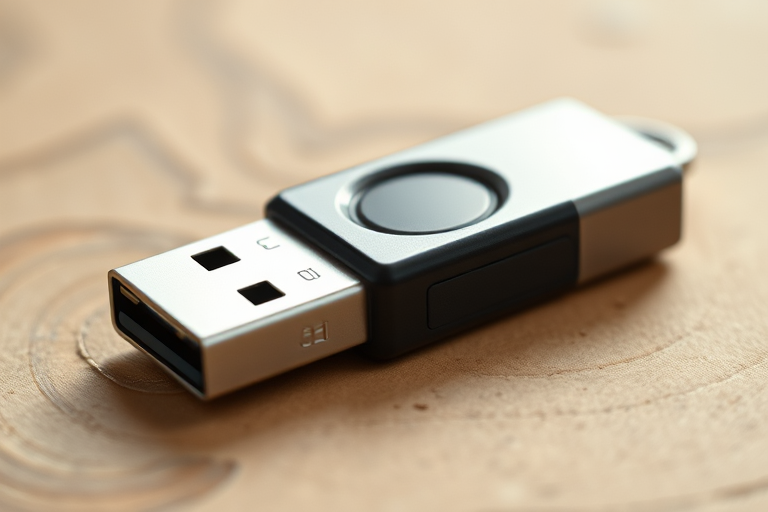 Create a high-resolution image of a USB flash drive with a modern design, macro shot, f-stop 2.8, shutter speed 1/100s, ISO 100, natural lighting, digital illustration style.