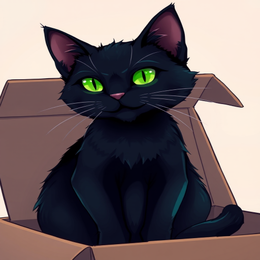 Create an illustration of a black cat with glowing green eyes sitting in an open cardboard box, soft pastel background, using a high-resolution digital art style, with a focus on smooth lines and vibrant colors, simulating a digital camera with 50mm lens at f/2.8 for a shallow depth of field, capturing a frontal view.