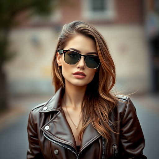 Outdoor shot, stunning female model, vintage leather jacket, sunglasses, cinematic effect, Position the camera at the model’s eye level using a 35mm f/1.4 lens