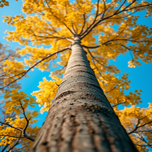 photograph of a tall tree with vibrant yellow leaves against a blue sky captured from the base looking up, using a DSLR camera, f/8 aperture, ISO 100, 24mm wide-angle lens, natural lighting, sharp focus on the trunk with a blurred background
