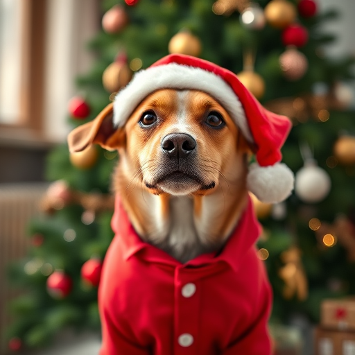A festive dog wearing a Santa hat and red outfit in front of a Christmas tree, captured with a Canon EOS R5, 50mm lens, f/1.8 aperture, ISO 100, natural light, shallow depth of field to create a soft background.