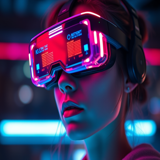 Create a futuristic portrait of a young woman wearing high-tech virtual reality goggles with glowing digital interfaces, use a Canon EOS R5 camera with a 50mm f/1.2 lens, set aperture to f/1.2, ISO 200, shutter speed 1/200, in a close-up view with bokeh effect, and vibrant neon colors for enhanced depth and clarity.