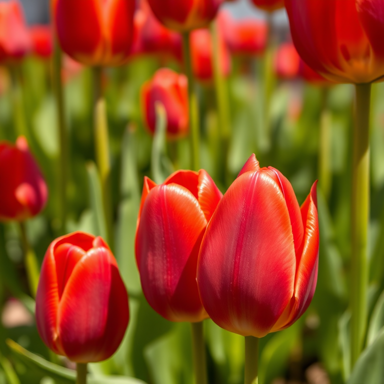 Close-up shot of vibrant red tulips in full bloom, ISO 100, f/2.8, 1/200 sec, natural light, macro lens, DSLR camera, focused in a low angle view to capture details and enhance colors.