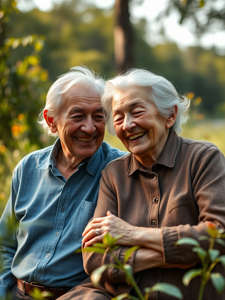 Create a warm portrait of an elderly couple smiling at each other in a lush, natural setting, using a Canon EOS R5 with an 85mm f/1.2 lens, aperture set to f/2.8 for bokeh effect, ISO 200, and shutter speed 1/100s to capture soft, natural light.