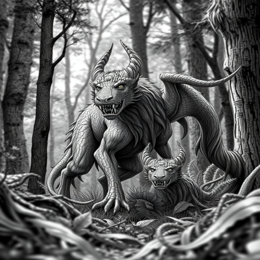 Create a detailed black and white illustration of a mythical creature in a forest setting, captured with a Canon EOS R5, 50mm f/1.2 lens, aperture set to f/2.8, ISO 200, and a slight tilt-shift effect for depth.