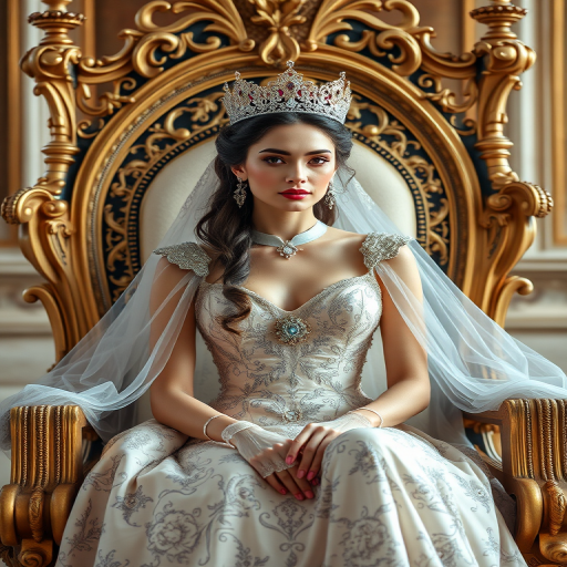 Regenerate a high-resolution image of a regal woman in a luxurious gown and crown sitting on an ornate throne, with intricate details in the background, captured in soft natural lighting with a 50mm lens at f/1.8, ISO 100, using a DSLR camera in portrait mode for enhanced depth and clarity.