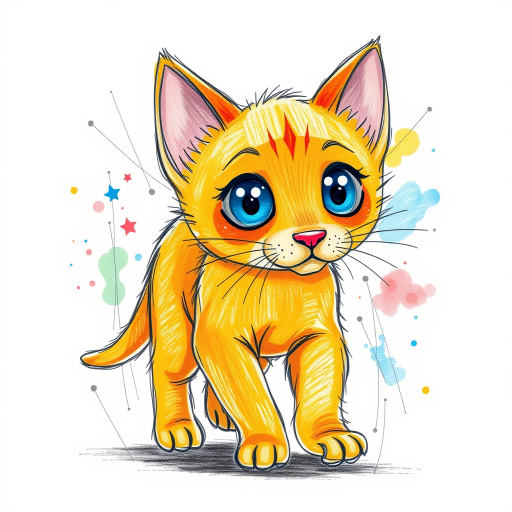 A vibrant childs coloured pencil drawn illustration of a bright orange dog with large, expressive blue eyes, a very cute style. The dog appears to be walking towards the viewer, surrounded by an abstract splash of colors and fine black lines, giving the image a dynamic and artistic flair. The background is a soft beige, highlighting the cat's vivid coloration and playful demeanor. Naively drawn scratchy line style.