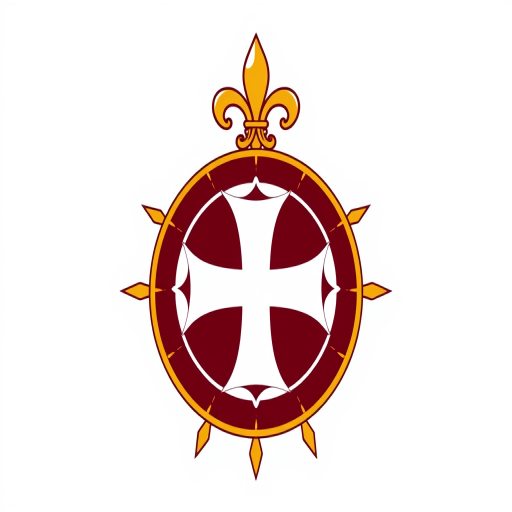 Create a high-resolution digital illustration of a circular emblem featuring a starburst design with a central white cross, surrounded by a maroon background and a decorative gold fleur-de-lis on top, using a DSLR camera at f/8 aperture, ISO 100, with a 50mm lens, shot in clear daylight for vibrant colors and sharp details.