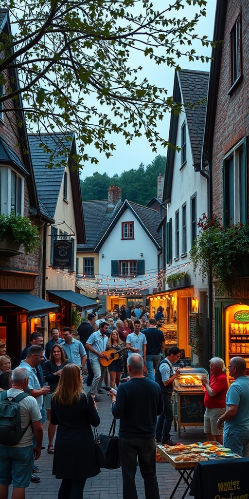 Charming village square adorned with fairy lights, people enjoying a community event, musicians playing live, and the smell of delicious food wafting through the air, creating a festive atmosphere.