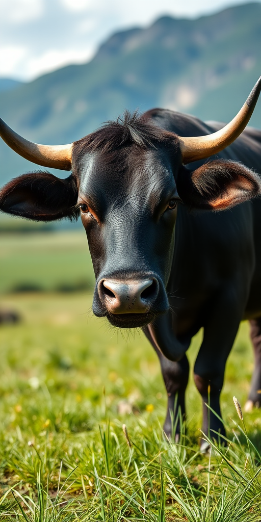 A close-up of a black bull standing in a lush green field with mountains in the background, captured with a DSLR camera using a 50mm lens, aperture f/1.8, ISO 100, 1/200 sec shutter speed, in natural daylight to enhance image quality and sharpness.