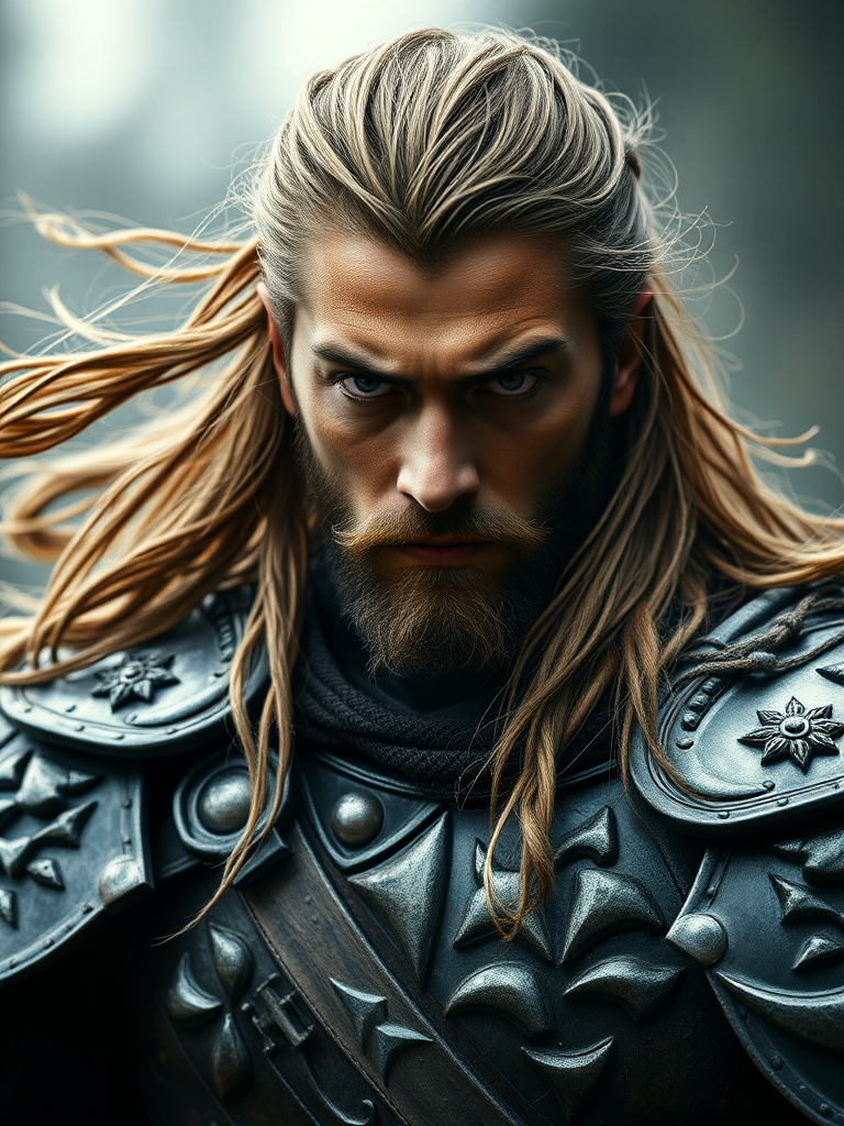 Create a high-resolution portrait of a male warrior with long flowing hair, intense expression, and intricate armor details, using a DSLR camera with a 85mm lens, aperture set to f/1.8, ISO 200, and soft diffused lighting to enhance depth and contrast.