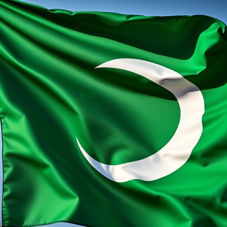 Capture a high-resolution image of a waving Pakistani flag with vibrant colors, using a Canon EOS 5D Mark IV, ISO 100, f/8 aperture, 50mm lens, natural daylight, and a slightly angled view to emphasize the fabric texture.