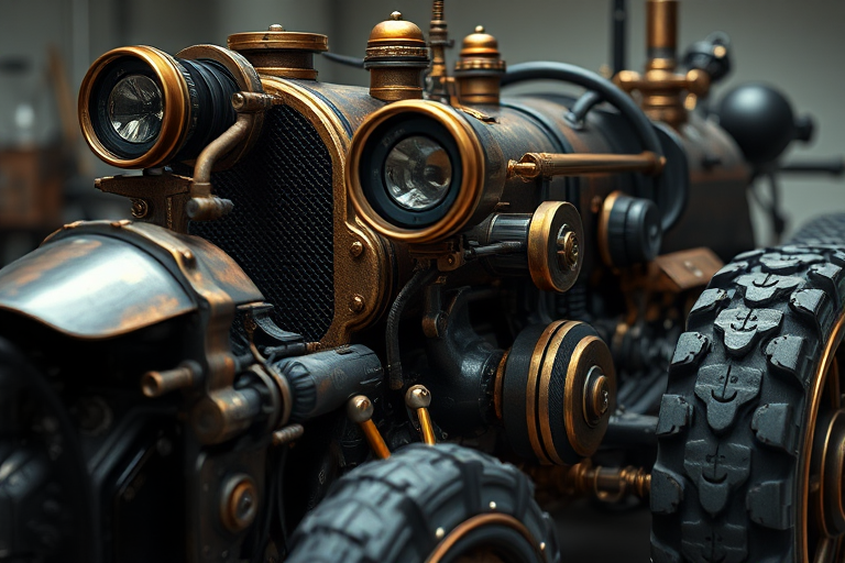 Create a highly detailed, realistic image of a steampunk-style vehicle, showcasing intricate metalwork and vintage elements, using a Canon EOS R5 with a 50mm f/1.2 lens, aperture set at f/5.6, ISO 100, shot in a well-lit studio with a slight overhead angle to capture depth and texture.