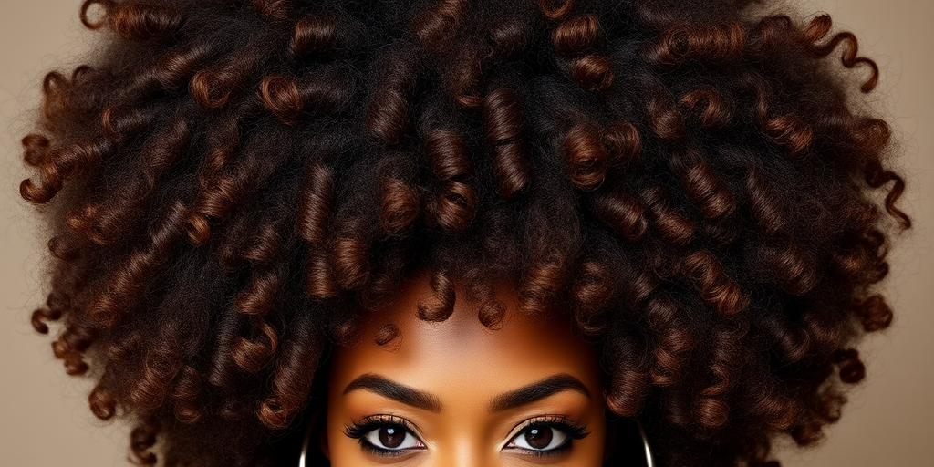 Luxurious chocolate brown curls with caramel highlights styled in a voluminous afro, showcasing natural texture called "Cocoa Crown" embracing heritage and beauty