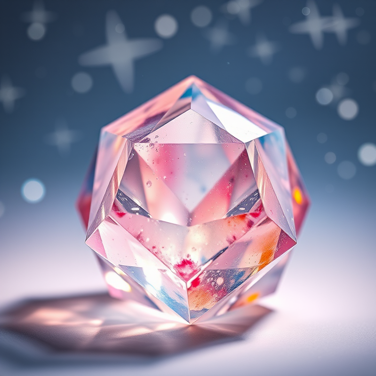 Create a high-resolution image of a geometric crystal with a watercolor effect, emphasizing translucent layers and sparkling stars in the background, using a Canon EOS R5 camera, 50mm lens, aperture f/1.8, ISO 200, shot at a 45-degree angle to enhance depth.