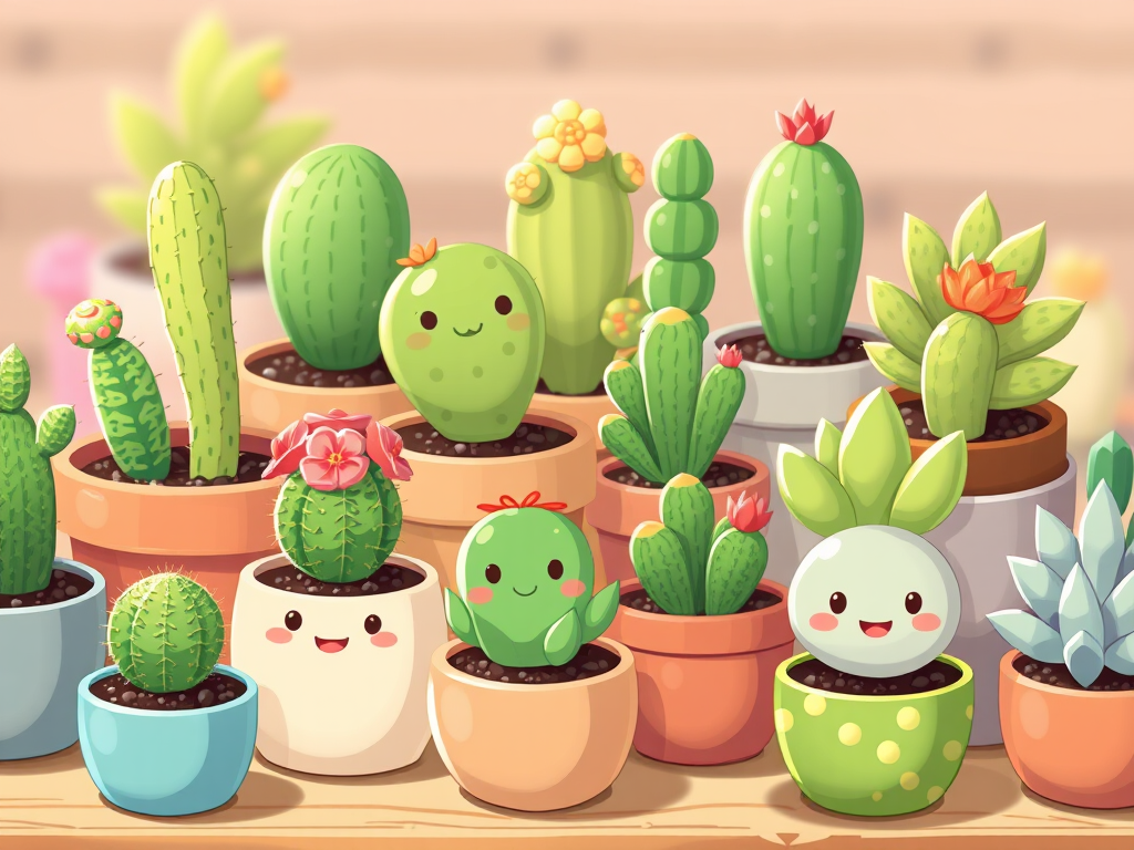 Create a high-resolution digital illustration of cute cartoon plants in pots, focusing on a variety of species including cacti and succulents, with vibrant colors and facial expressions, shot with a 50mm lens at f/2.8, using a soft focus background to enhance depth.