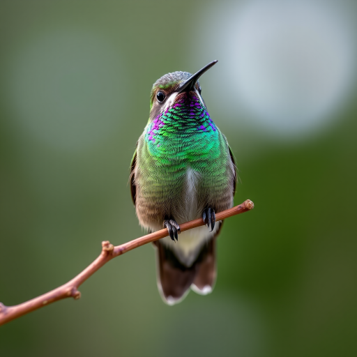 hummingbird perched on a branch with iridescent green and purple feathers, highly detailed, soft natural lighting, camera settings: f/2.8, ISO 100, shutter speed 1/1000s, view: close-up, style: macro photography, type: DSLR camera
