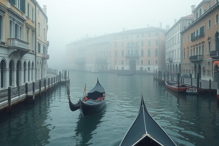 A serene view of the Grand Canal in Venice, Italy during a foggy morning, soft light enhancing the pastel colors of the historic buildings, captured with a Canon EOS R5 at 35mm, f/4, ISO 100, with a medium depth of field for a sharp foreground and softly blurred background, emphasizing the reflections on the water and the quaint gondolas in view.
