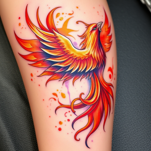 Vibrant watercolor phoenix tattoo featuring swirling hues of orange, red, and purple, rising from ashes with intricate feather details and golden accents, symbolizing rebirth and transformation in a painterly style
