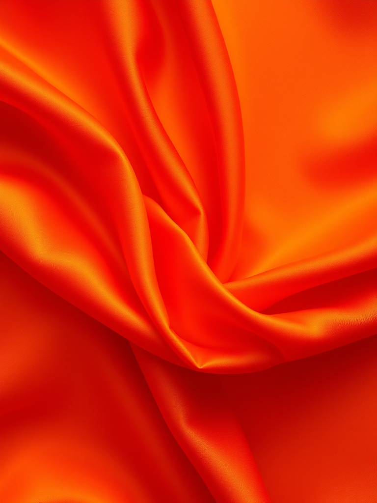 Capture a close-up of vibrant orange silk fabric draping elegantly, with soft lighting, using a DSLR camera at f/2.8, ISO 100, 50mm lens, top-down view, and a shallow depth of field to enhance texture and color richness.