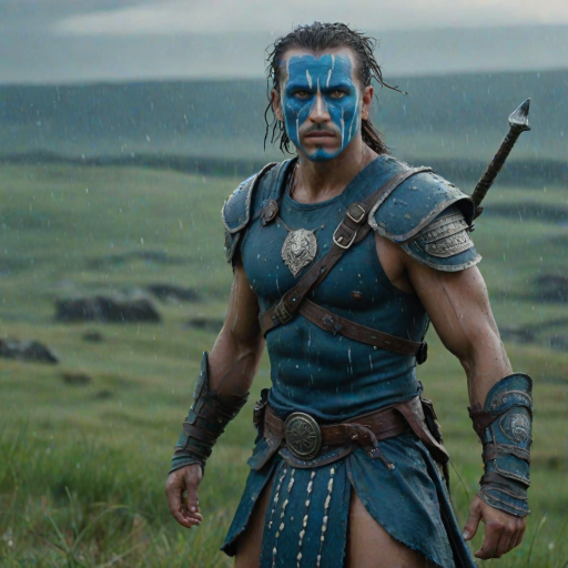 Generate an ultra-realistic and highly detailed photograph of a "brave heart" warrior. he's standing still, looking menacingly at the camera. He has face paint in shades of blue. He's standing on a green hill. Rain. The background is a blurred image of a battlefield. 4k. UHD