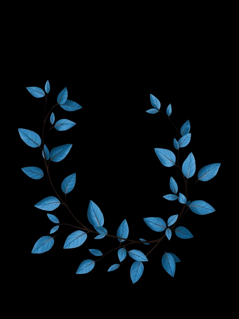 Generate a minimalist illustration of a dark circular frame with delicate blue leaves entwined around it, using a 50mm lens, f/2.8 aperture, ISO 100, natural light, and a soft focus style for a gentle, elegant effect.