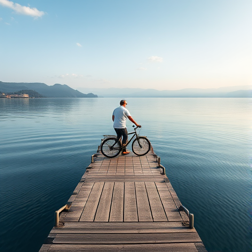 A person riding a bicycle on a wooden pier over calm water with distant mountains in the background, shot with a Canon EOS 5D Mark IV, 50mm lens, aperture f/8, shutter speed 1/200 sec, ISO 100, wide-angle view for depth.