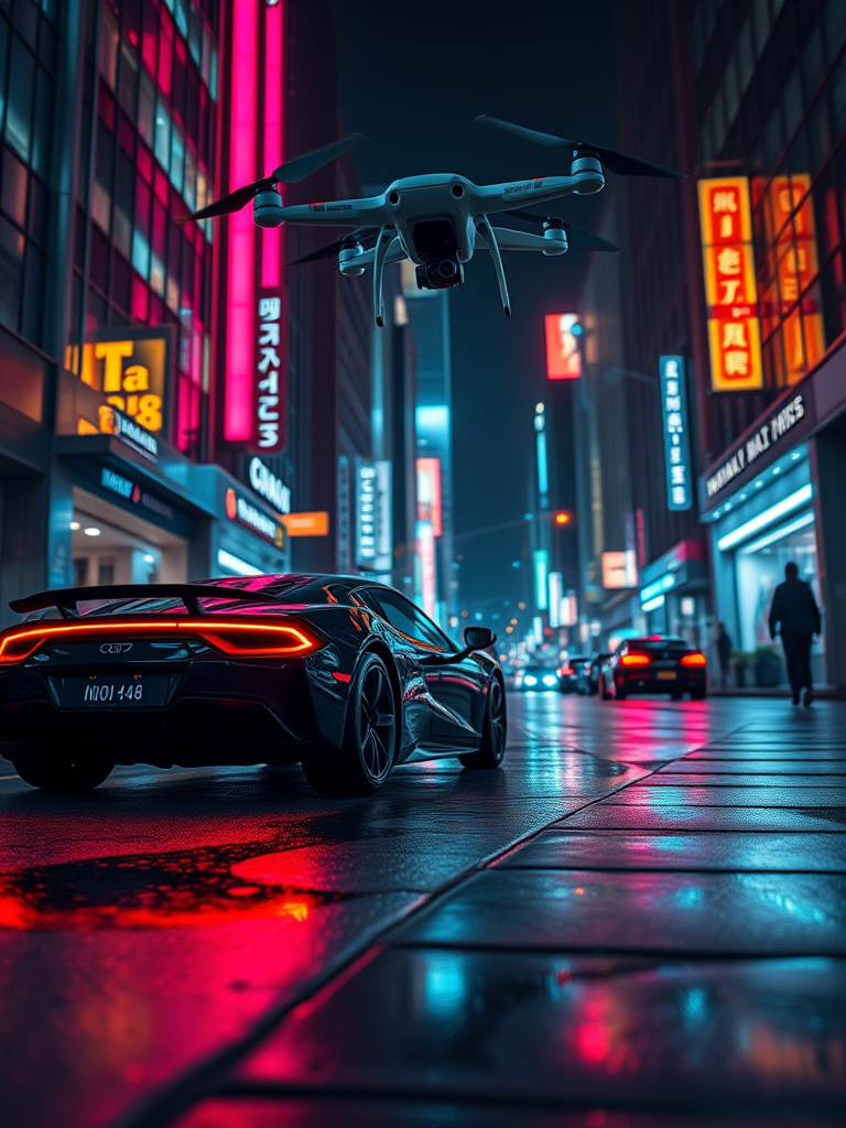 futuristic city street at night with a sleek black car and a hovering drone above, vibrant neon lights reflecting on wet pavement, cinematic lighting, camera settings: f/1.8, ISO 200, shutter speed 1/100, camera view: low angle, camera style: hyper-realistic, camera type: DSLR